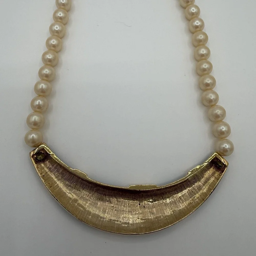 Vintage 1980s Faux Pearl Black‎ Enamel Rhinestone Statement Necklace Spring